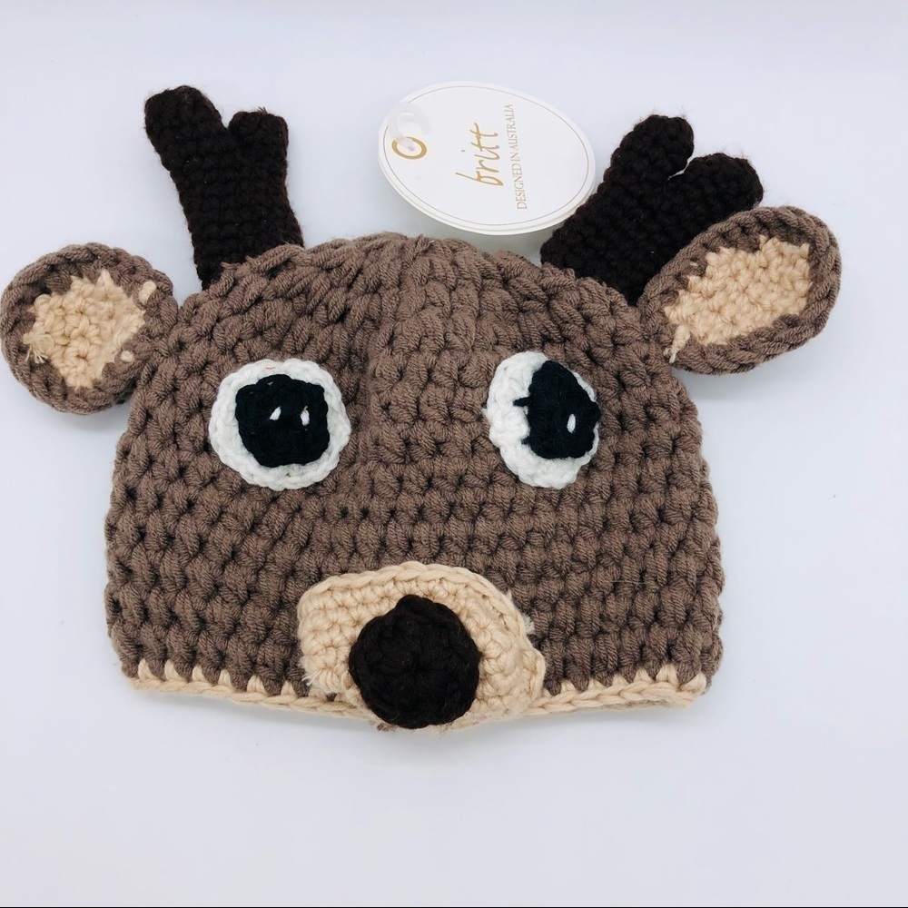 BRITT BEAR KNITTED REINDEER HAT SIZE 0-6 MONTHS NWT